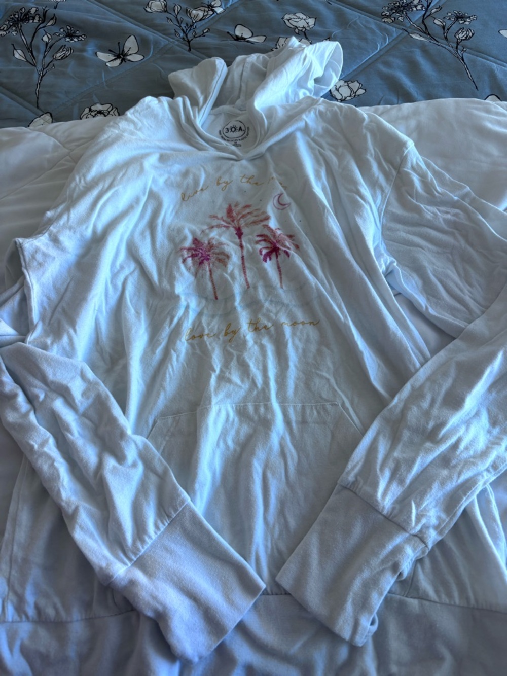 White Hoodie with Pink Palm Tree Graphic - Women's Pullover